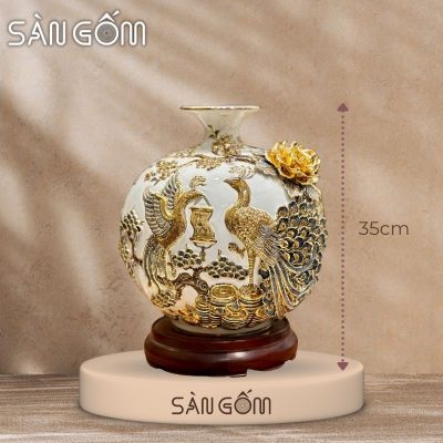 Bình hút lộc công đào đắp kênh men trắng đắp nổi vẽ vàng SG-BHL166