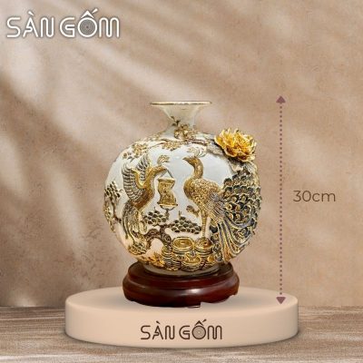 Bình hút lộc công đào đắp kênh men trắng đắp nổi vẽ vàng SG-BHL166
