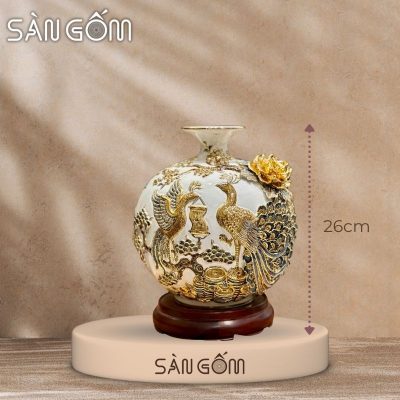 Bình hút lộc công đào đắp kênh men trắng đắp nổi vẽ vàng SG-BHL166