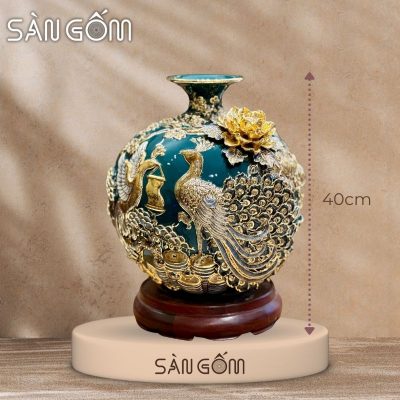 Bình hút lộc công đào đắp kênh men xanh cổ vịt đắp nổi vẽ vàng SG-BHL164