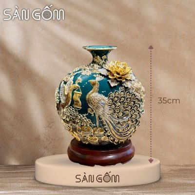 Bình hút lộc công đào đắp kênh men xanh cổ vịt đắp nổi vẽ vàng SG-BHL164