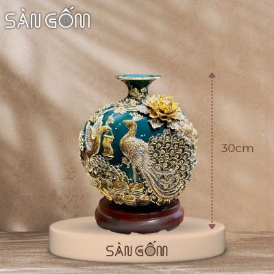 Bình hút lộc công đào đắp kênh men xanh cổ vịt đắp nổi vẽ vàng SG-BHL164
