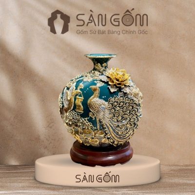 Bình hút lộc công đào đắp kênh men xanh cổ vịt đắp nổi vẽ vàng SG-BHL164