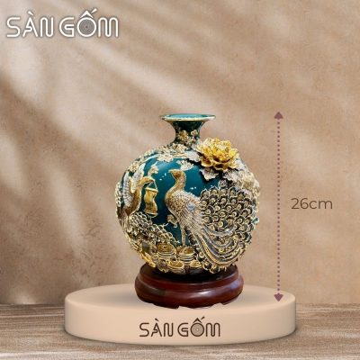 Bình hút lộc công đào đắp kênh men xanh cổ vịt đắp nổi vẽ vàng SG-BHL164