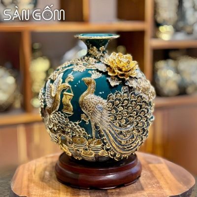 Bình hút lộc công đào đắp kênh men xanh cổ vịt đắp nổi vẽ vàng SG-BHL164