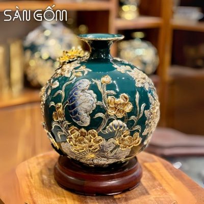 Bình hút lộc công đào đắp kênh men xanh cổ vịt đắp nổi vẽ vàng SG-BHL164