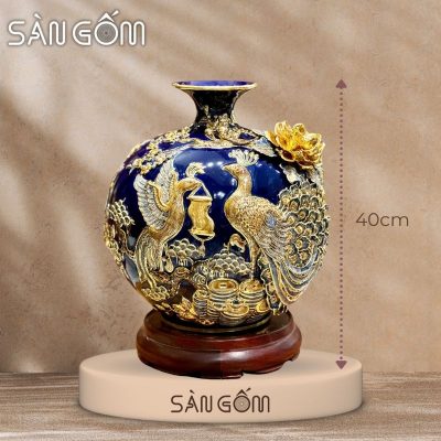 Bình hút lộc công đào đắp kênh men xanh coban đắp nổi vẽ vàng SG-BHL165