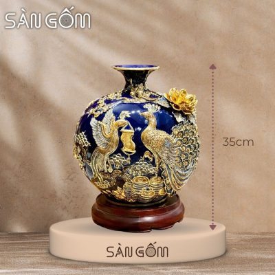 Bình hút lộc công đào đắp kênh men xanh coban đắp nổi vẽ vàng SG-BHL165