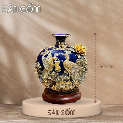 Bình hút lộc công đào đắp kênh men xanh coban đắp nổi vẽ vàng SG-BHL165