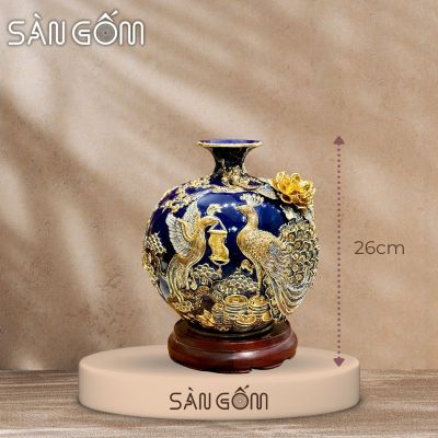 Bình hút lộc công đào đắp kênh men xanh coban đắp nổi vẽ vàng SG-BHL165