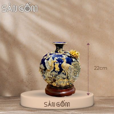 Bình hút lộc công đào đắp kênh men xanh coban đắp nổi vẽ vàng SG-BHL165