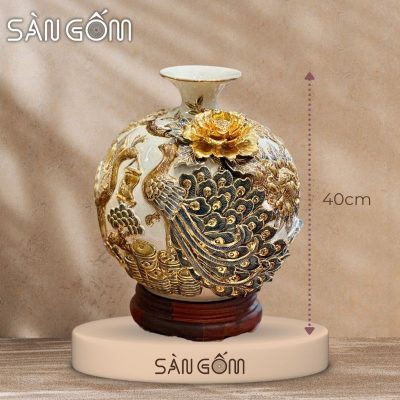 Bình hút lộc công đào đắp kênh men trắng đắp nổi vẽ vàng SG-BHL172