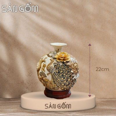 Bình hút lộc công đào đắp kênh men trắng đắp nổi vẽ vàng SG-BHL172