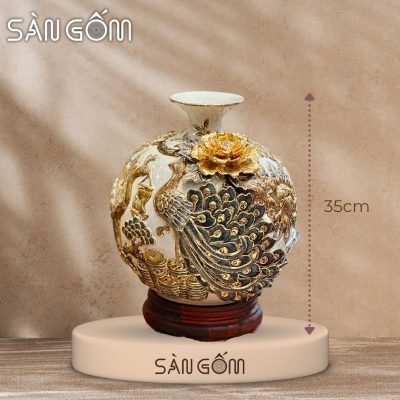 Bình hút lộc công đào kênh bong men trắng đắp nổi vẽ vàng SG-BHL171