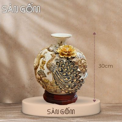 Bình hút lộc công đào kênh bong men trắng đắp nổi vẽ vàng SG-BHL171