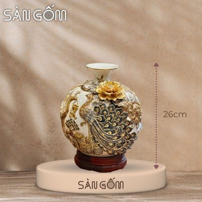 Bình hút lộc công đào kênh bong men trắng đắp nổi vẽ vàng SG-BHL171