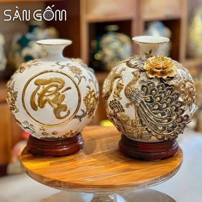 Bình hút lộc công đào kênh bong men trắng đắp nổi vẽ vàng SG-BHL171