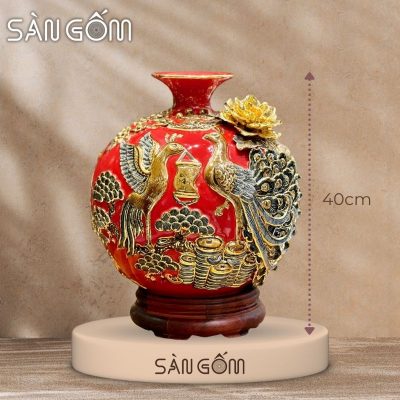Bình hút lộc công đào đắp kênh men đỏ đắp nổi vẽ vàng SG-BHL167