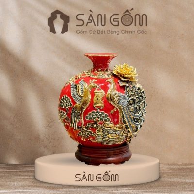 Bình hút lộc công đào đắp kênh men đỏ đắp nổi vẽ vàng SG-BHL167