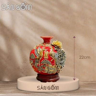 Bình hút lộc công đào đắp kênh men đỏ đắp nổi vẽ vàng SG-BHL167