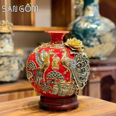 Bình hút lộc công đào đắp kênh men đỏ đắp nổi vẽ vàng SG-BHL167