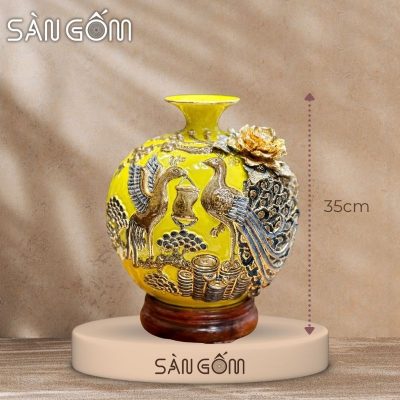 Bình hút lộc công đào đắp kênh men vàng đắp nổi vẽ vàng SG-BHL168