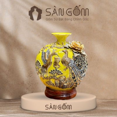 Bình hút lộc công đào đắp kênh men vàng đắp nổi vẽ vàng SG-BHL168