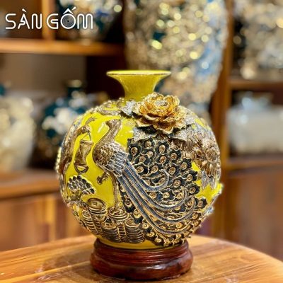 Bình hút lộc công đào đắp kênh men vàng đắp nổi vẽ vàng SG-BHL168