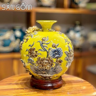Bình hút lộc công đào đắp kênh men vàng đắp nổi vẽ vàng SG-BHL168