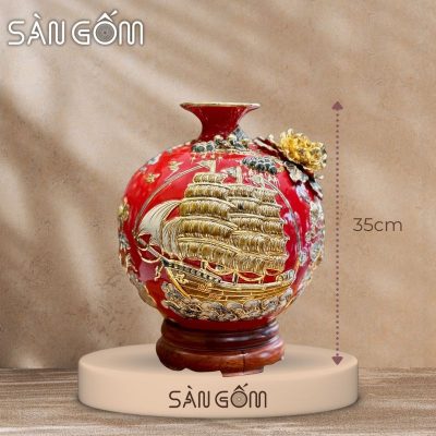 Bình hút lộc thuận buồm vạn lộc men đỏ đắp nổi vẽ vàng SG-BHL174