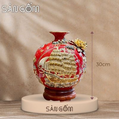 Bình hút lộc thuận buồm vạn lộc men đỏ đắp nổi vẽ vàng SG-BHL174