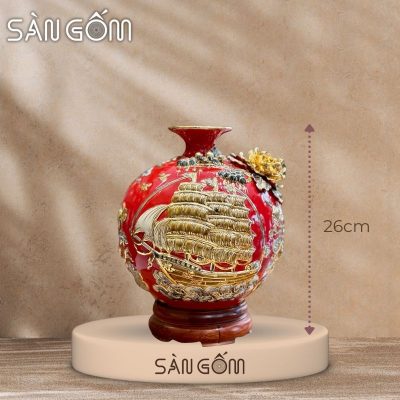 Bình hút lộc thuận buồm vạn lộc men đỏ đắp nổi vẽ vàng SG-BHL174