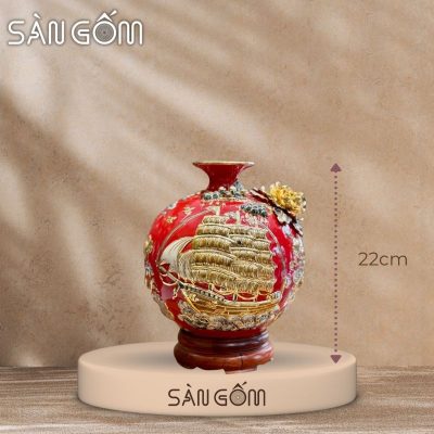 Bình hút lộc thuận buồm vạn lộc men đỏ đắp nổi vẽ vàng SG-BHL174