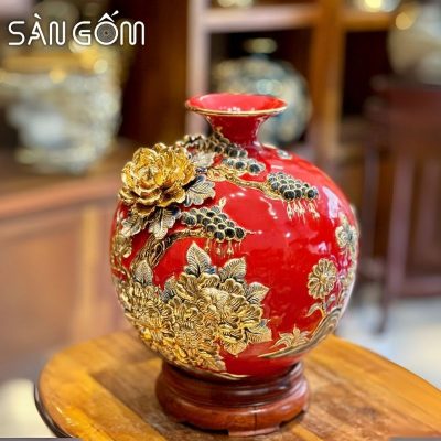 Bình hút lộc thuận buồm vạn lộc men đỏ đắp nổi vẽ vàng SG-BHL174