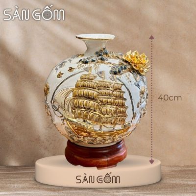 Bình hút lộc thuận buồm vạn lộc men trắng đắp nổi vẽ vàng SG-BHL178