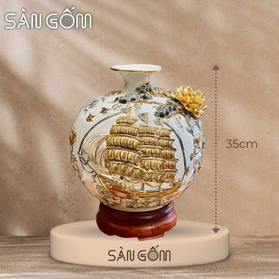 Bình hút lộc thuận buồm vạn lộc men trắng đắp nổi vẽ vàng SG-BHL178