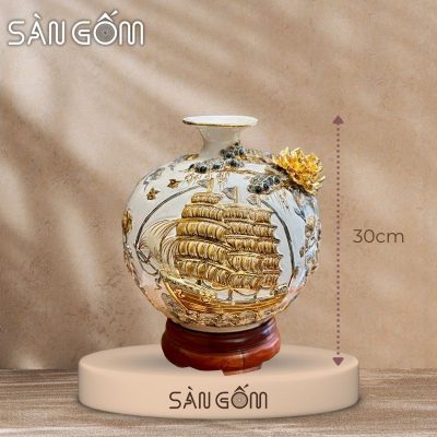 Bình hút lộc thuận buồm vạn lộc men trắng đắp nổi vẽ vàng SG-BHL178