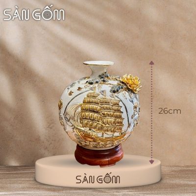 Bình hút lộc thuận buồm vạn lộc men trắng đắp nổi vẽ vàng SG-BHL178