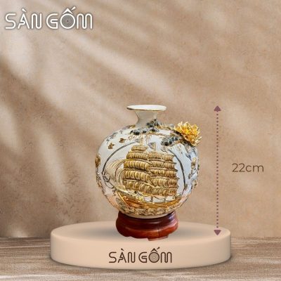 Bình hút lộc thuận buồm vạn lộc men trắng đắp nổi vẽ vàng SG-BHL178