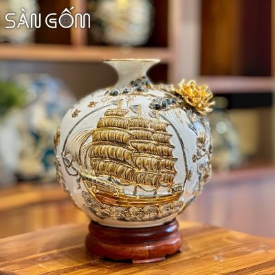 Bình hút lộc thuận buồm vạn lộc men trắng đắp nổi vẽ vàng SG-BHL178