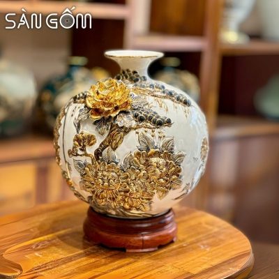 Bình hút lộc thuận buồm vạn lộc men trắng đắp nổi vẽ vàng SG-BHL178