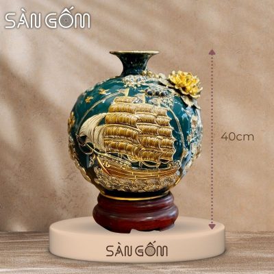 Bình hút lộc thuận buồm xuôi gió men xanh cổ vịt đắp nổi vẽ vàng SG-BHL175