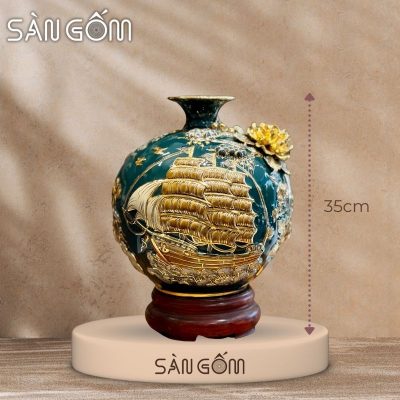 Bình hút lộc thuận buồm xuôi gió men xanh cổ vịt đắp nổi vẽ vàng SG-BHL175