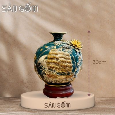 Bình hút lộc thuận buồm xuôi gió men xanh cổ vịt đắp nổi vẽ vàng SG-BHL175
