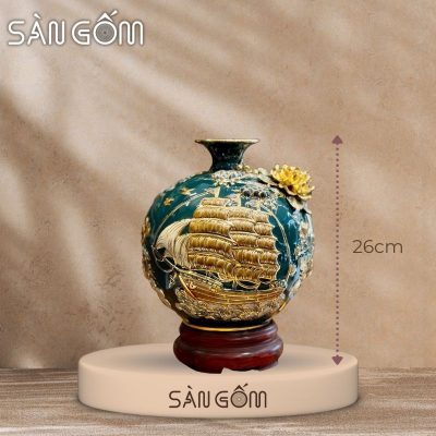 Bình hút lộc thuận buồm xuôi gió men xanh cổ vịt đắp nổi vẽ vàng SG-BHL175