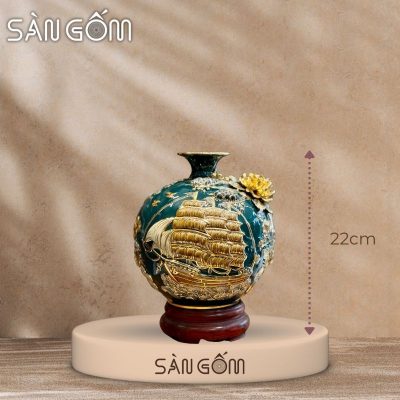 Bình hút lộc thuận buồm xuôi gió men xanh cổ vịt đắp nổi vẽ vàng SG-BHL175