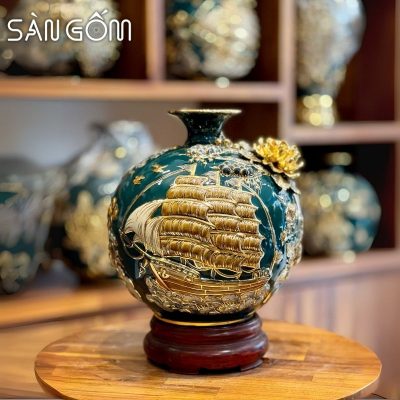 Bình hút lộc thuận buồm xuôi gió men xanh cổ vịt đắp nổi vẽ vàng SG-BHL175