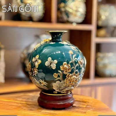 Bình hút lộc thuận buồm xuôi gió men xanh cổ vịt đắp nổi vẽ vàng SG-BHL175