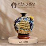 Bình hút lộc thuận buồm vạn lộc men xanh coban đắp nổi vẽ vàng SG-BHL177