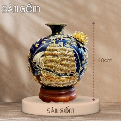 Bình hút lộc thuận buồm vạn lộc men xanh coban đắp nổi vẽ vàng SG-BHL177